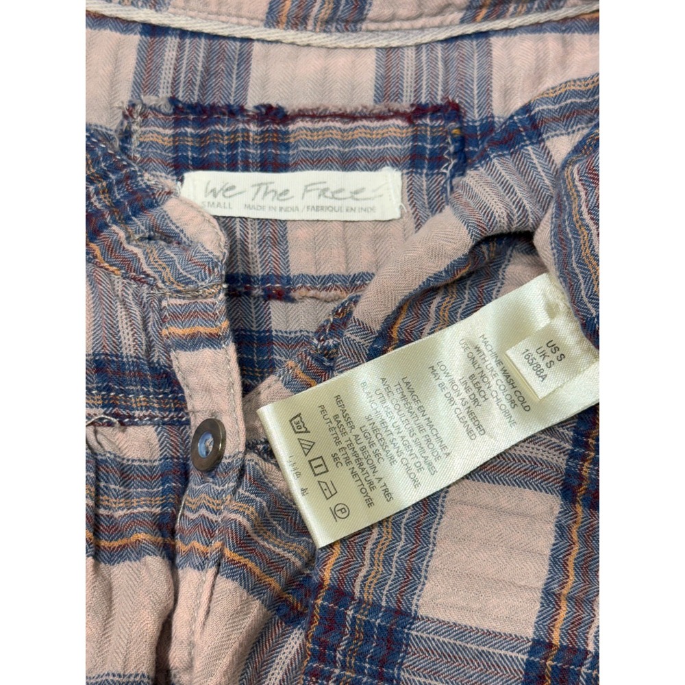 We The Free Free People Jessi Plaid Henley Sm Babydoll Peasant Top Pink Blue 1.5 - Picture 7 of 8